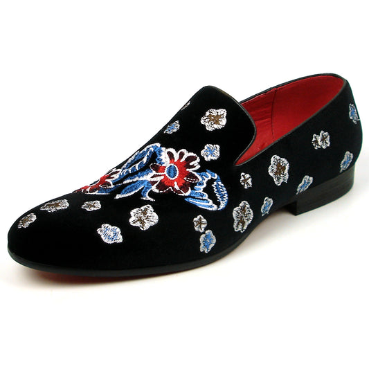 FI-7413 Black Suede Flowers Embroidered Fiesso by Aurelio Garcia Loafer