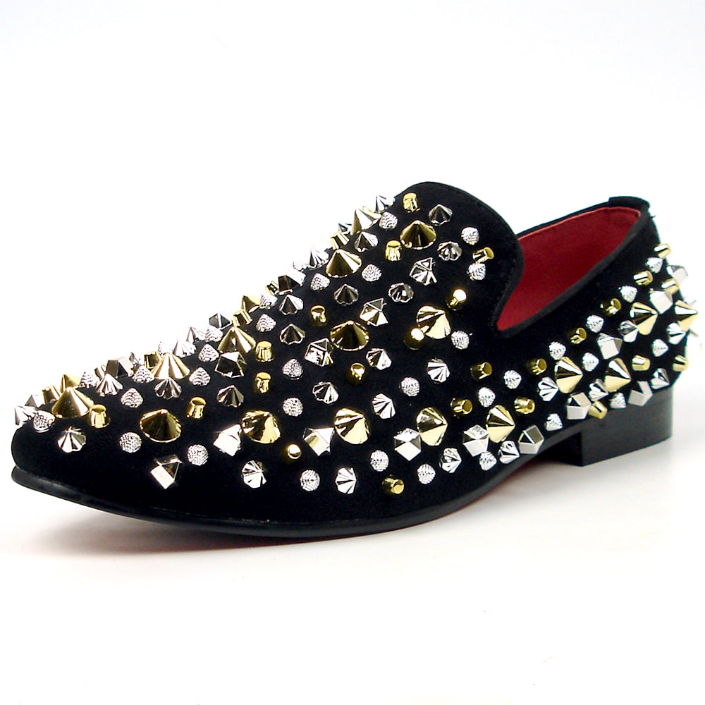 FI-7436 Black Suede / Silver Gold Studs Slip on Loafer Fiesso by Aurelio Garcia