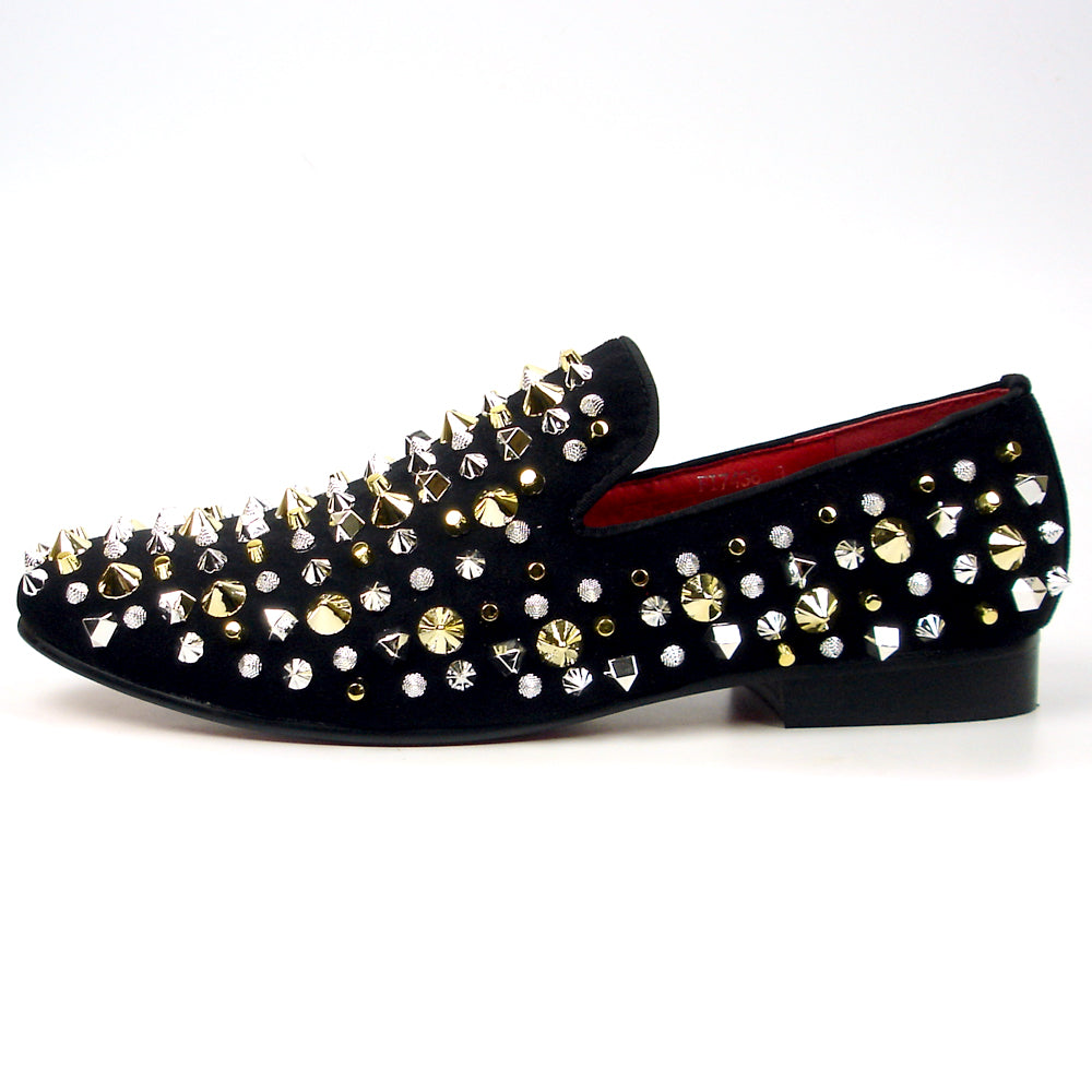 FI-7436 Black Suede / Silver Gold Studs Slip on Loafer Fiesso by Aurelio Garcia