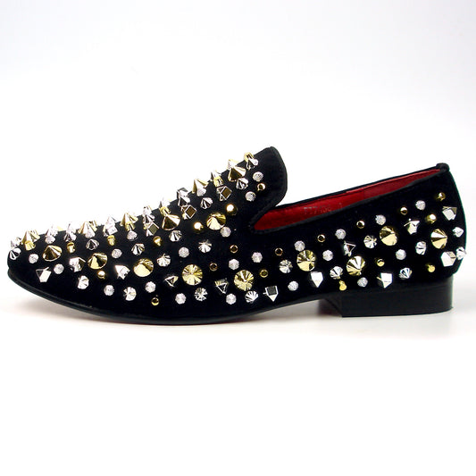 FI-7436 Black Suede / Silver Gold Studs Slip on Loafer Fiesso by Aurelio Garcia