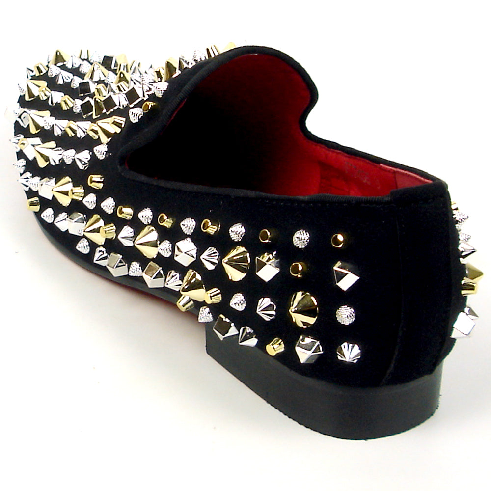 FI-7436 Black Suede / Silver Gold Studs Slip on Loafer Fiesso by Aurelio Garcia