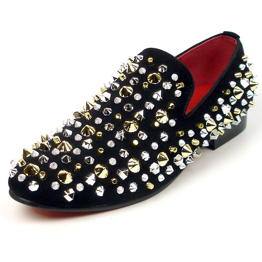 FI-7436 Black Suede / Silver Gold Studs Slip on Loafer Fiesso by Aurelio Garcia