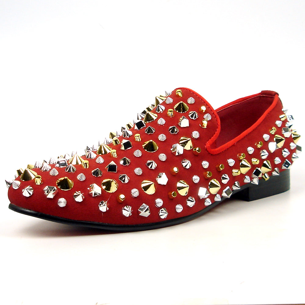 FI-7436 Red Suede / Silver Gold Studs Slip on Loafer Fiesso by Aurelio Garcia