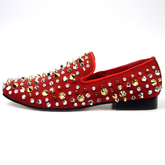 FI-7436 Red Suede / Silver Gold Studs Slip on Loafer Fiesso by Aurelio Garcia