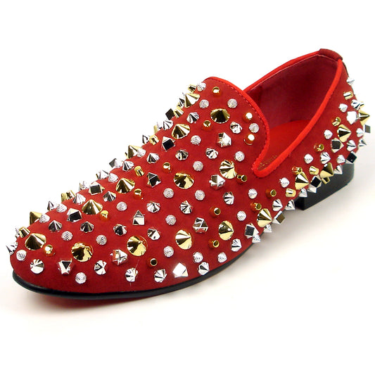 FI-7436 Red Suede / Silver Gold Studs Slip on Loafer Fiesso by Aurelio Garcia