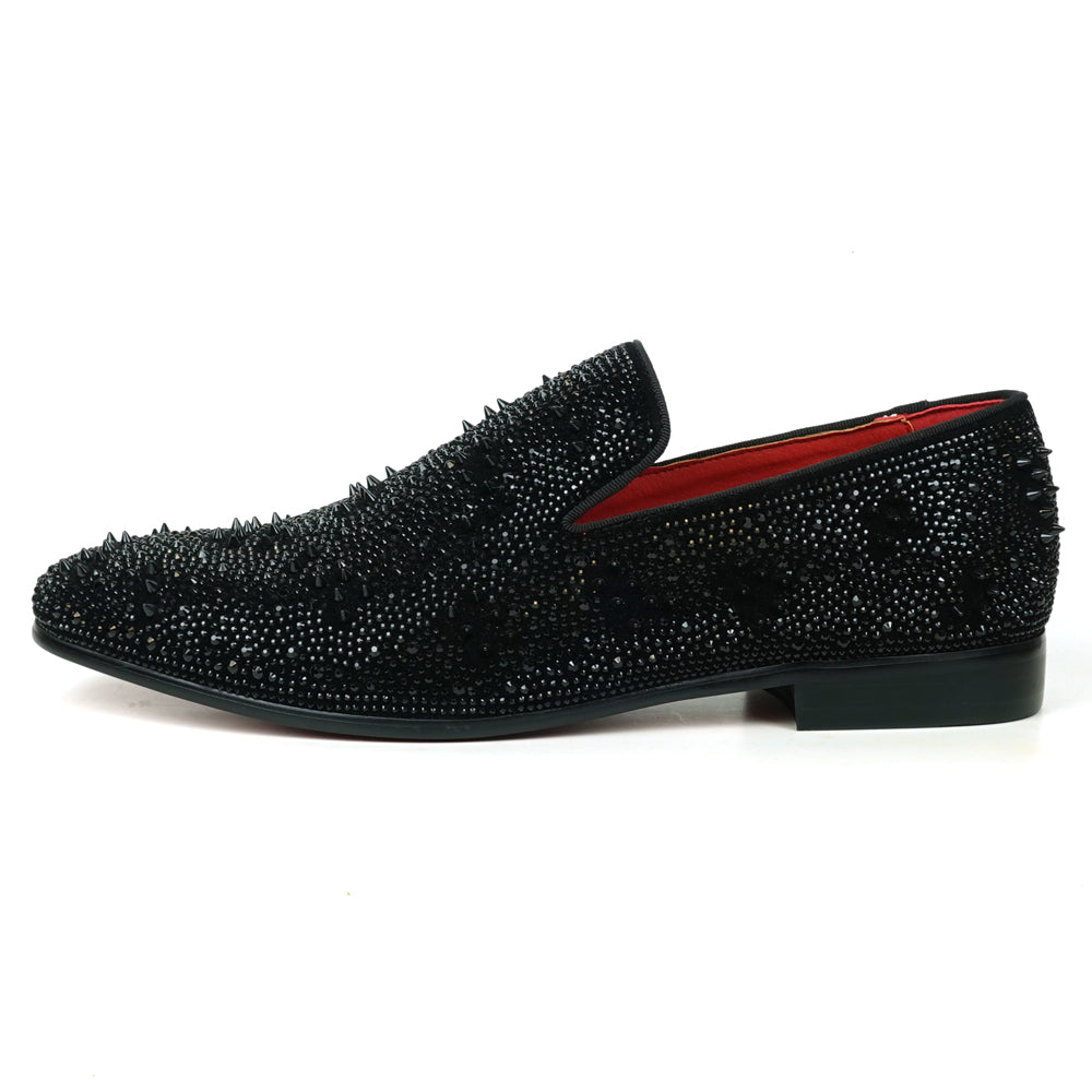 FI-7516 Black Suede Rhinestones Spikes Slip on Loafer Fiesso by Aurelio Garcia