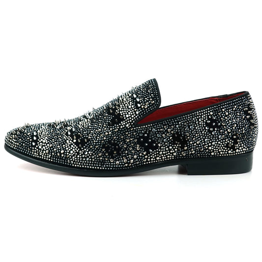 FI-7516 Black Silver Suede Rhinestones Spikes Slip on Loafer Fiesso by Aurelio Garcia