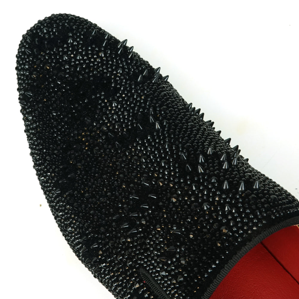 FI-7516 Black Suede Rhinestones Spikes Slip on Loafer Fiesso by Aurelio Garcia