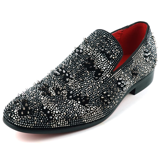 FI-7516 Black Silver Suede Rhinestones Spikes Slip on Loafer Fiesso by Aurelio Garcia