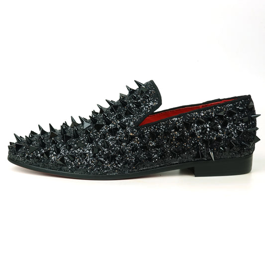 FI-7517 Black Glitter Black  Spikes Slip on Loafer Fiesso by Aurelio Garcia