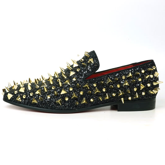 FI-7517 Black Glitter Gold Spikes Slip on Loafer Fiesso by Aurelio Garcia