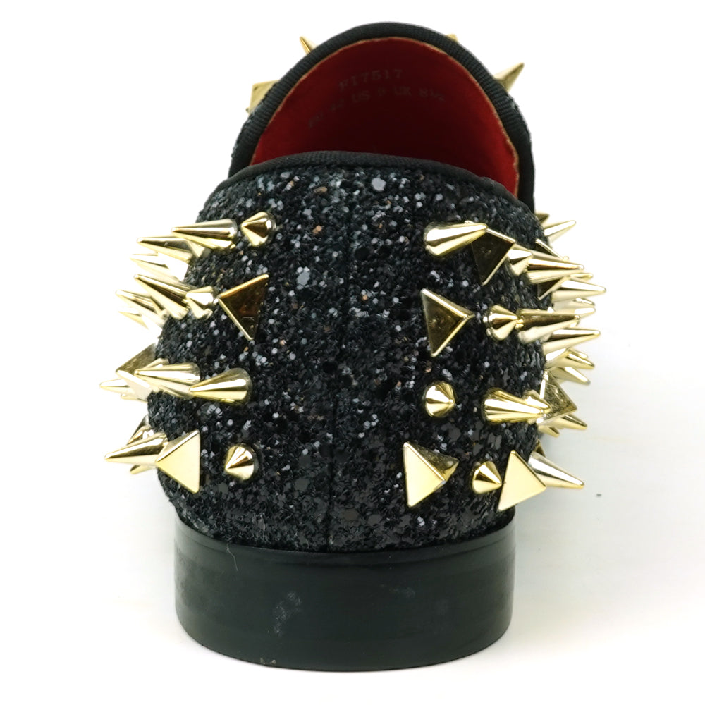 FI-7517 Black Glitter Gold Spikes Slip on Loafer Fiesso by Aurelio Garcia