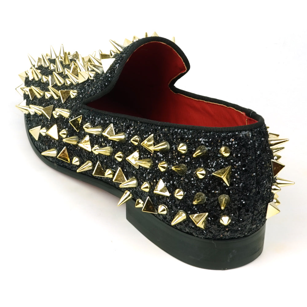 FI-7517 Black Glitter Gold Spikes Slip on Loafer Fiesso by Aurelio Garcia