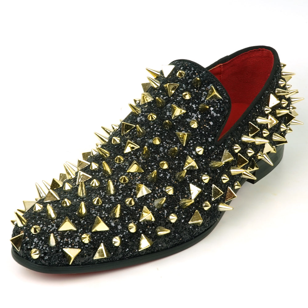 FI-7517 Black Glitter Gold Spikes Slip on Loafer Fiesso by Aurelio Garcia