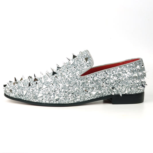 FI-7517 Silver Glitter Silver Spikes Slip on Loafer Fiesso by Aurelio Garcia