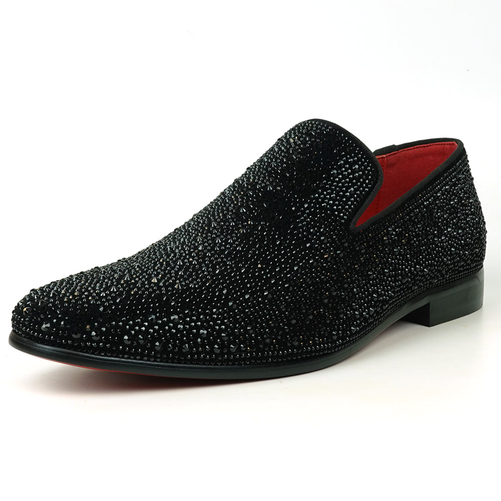 FI-7525 Black Suede Rhinestones Slip on Loafer Fiesso by Aurelio Garcia