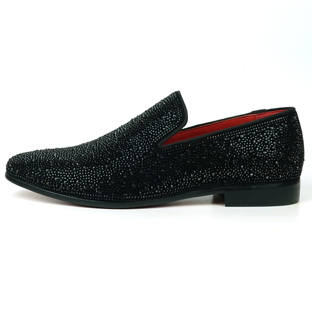 FI-7525 Black Suede Rhinestones Slip on Loafer Fiesso by Aurelio Garcia