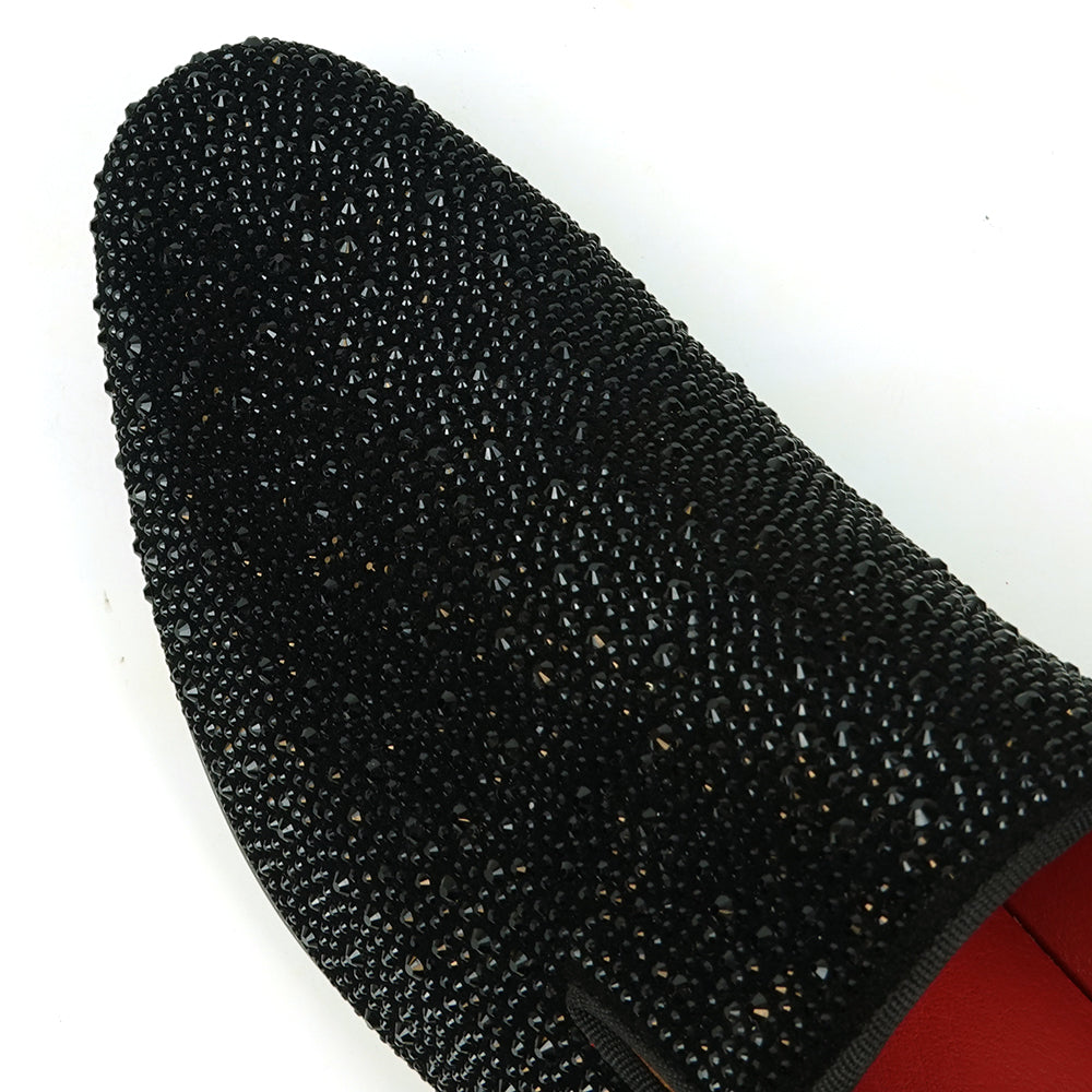 FI-7525 Black Suede Rhinestones Slip on Loafer Fiesso by Aurelio Garcia