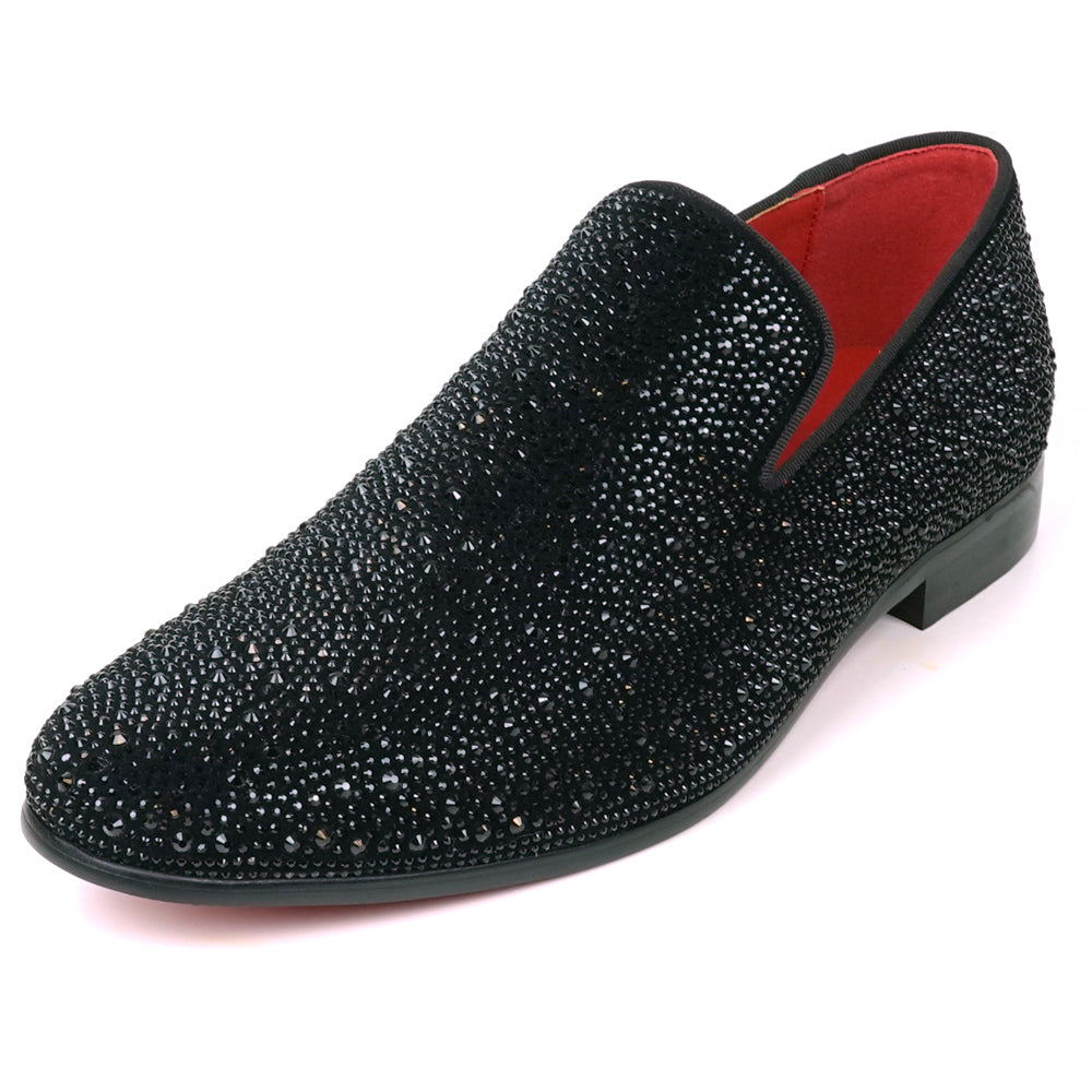 FI-7525 Black Suede Rhinestones Slip on Loafer Fiesso by Aurelio Garcia