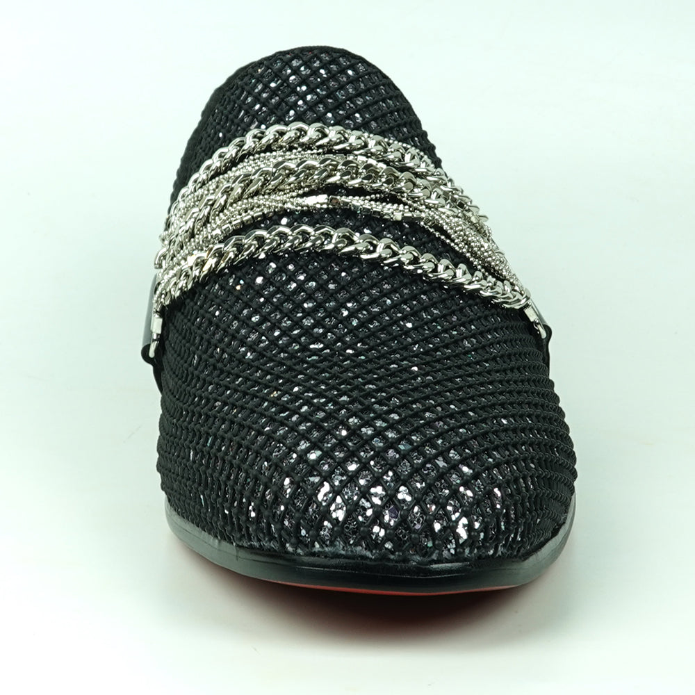 FI-7528 Black Glitter With Silver Chain Slip on Loafer Fiesso by Aurelio Garcia