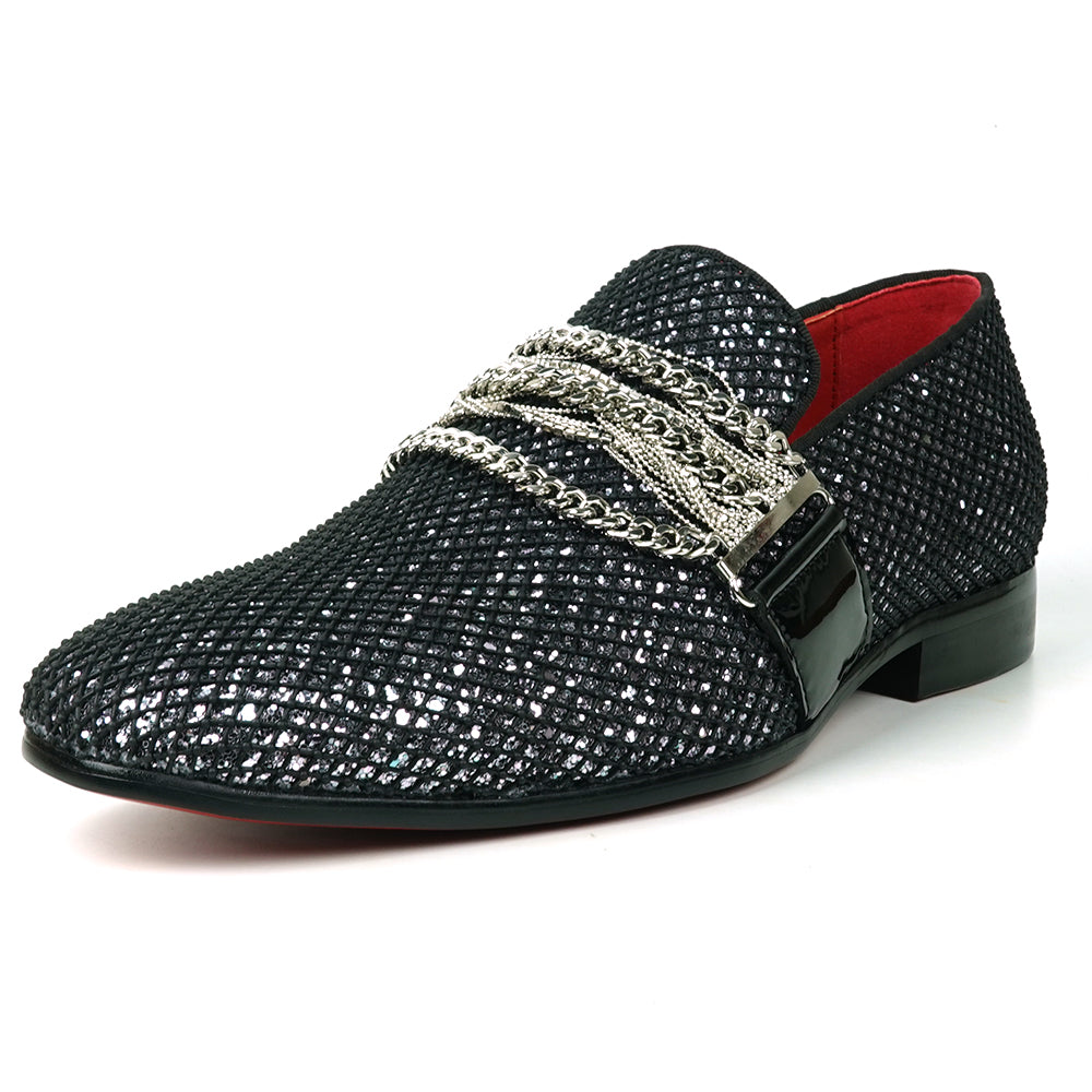 FI-7528 Black Glitter With Silver Chain Slip on Loafer Fiesso by Aurelio Garcia