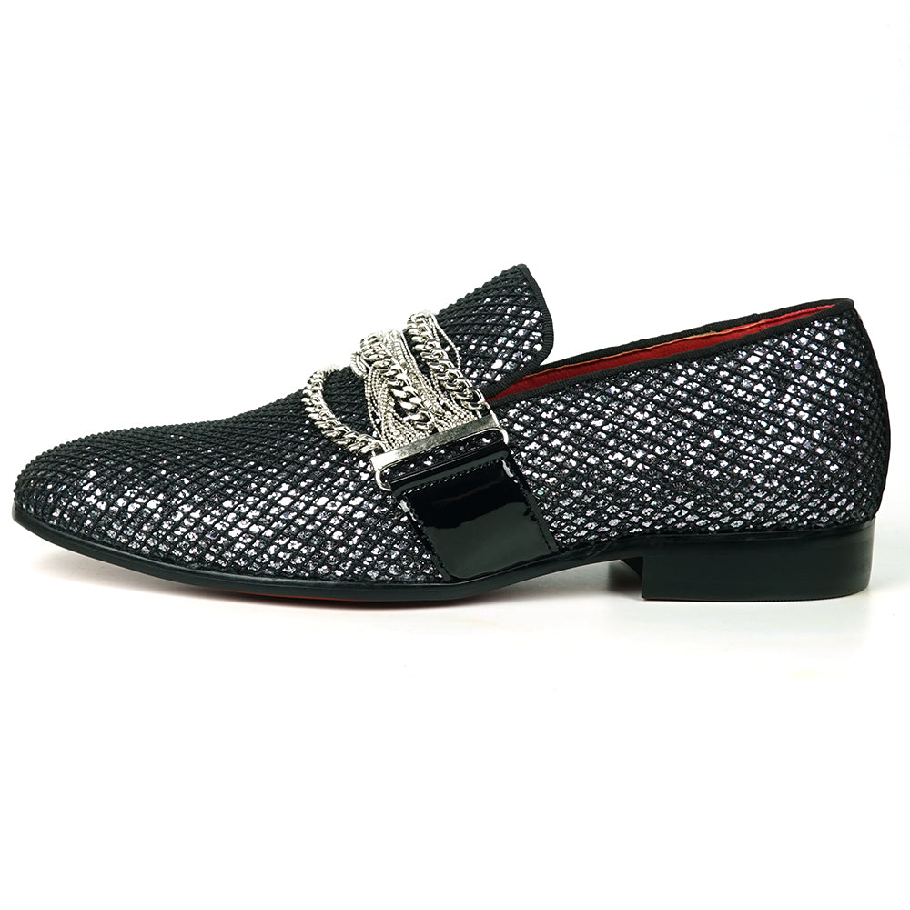 FI-7528 Black Glitter With Silver Chain Slip on Loafer Fiesso by Aurelio Garcia