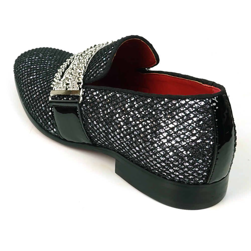 FI-7528 Black Glitter With Silver Chain Slip on Loafer Fiesso by Aurelio Garcia