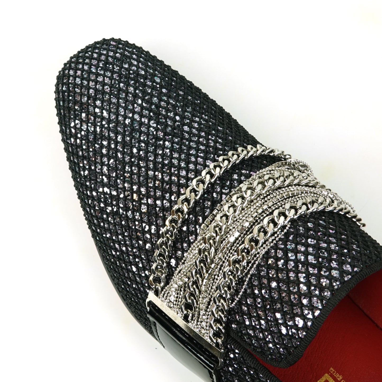 FI-7528 Black Glitter With Silver Chain Slip on Loafer Fiesso by Aurelio Garcia